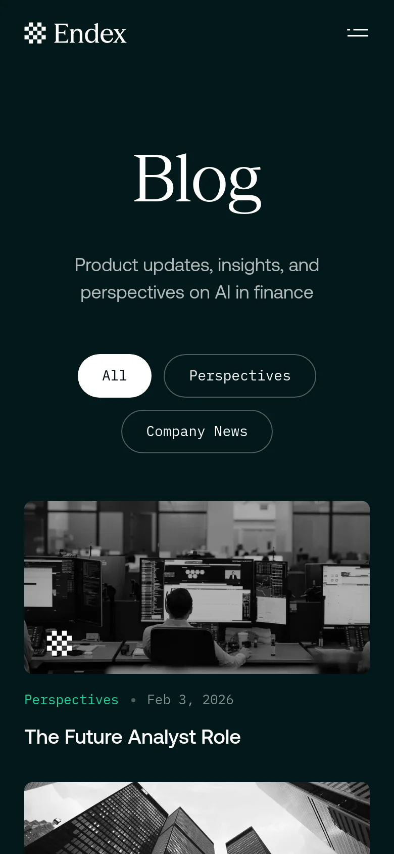 The mobile version maintains the dark teal theme and white serif typography but shifts to a single-column vertical layout. The 'Blog' headline and filter buttons are stacked vertically, followed by blog posts that span the width of the screen, showing large black and white images above their respective titles and metadata.
