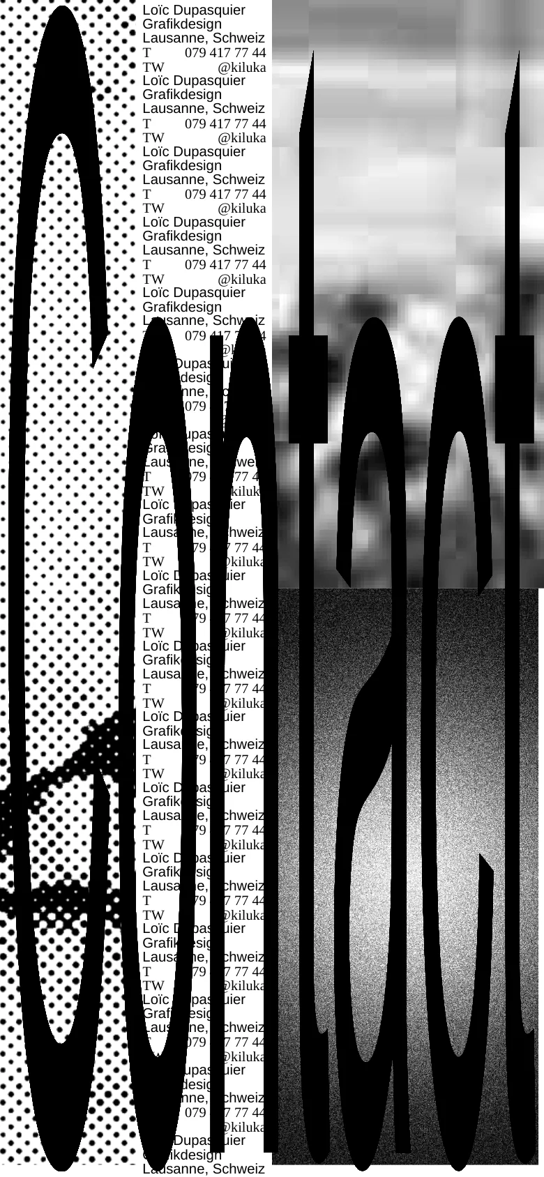 The mobile version maintains the high-contrast, grainy black and white aesthetic with large 'Contact' text dominating the screen. The contact information is stacked vertically in a single column, optimized for a narrow portrait view.