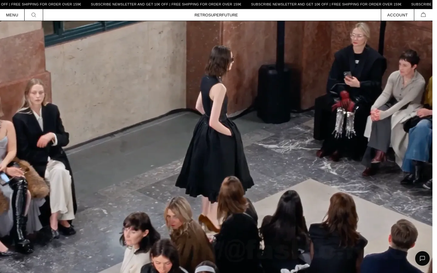 The desktop page features a large hero image of a fashion runway show with a model in a black dress walking past seated spectators. Below the hero section, a clean white layout displays the MM6 Maison Margiela eyewear collection with a grid of product images, titles, and prices. The navigation bar is minimal with a menu icon, search, brand name, account, and shopping bag.