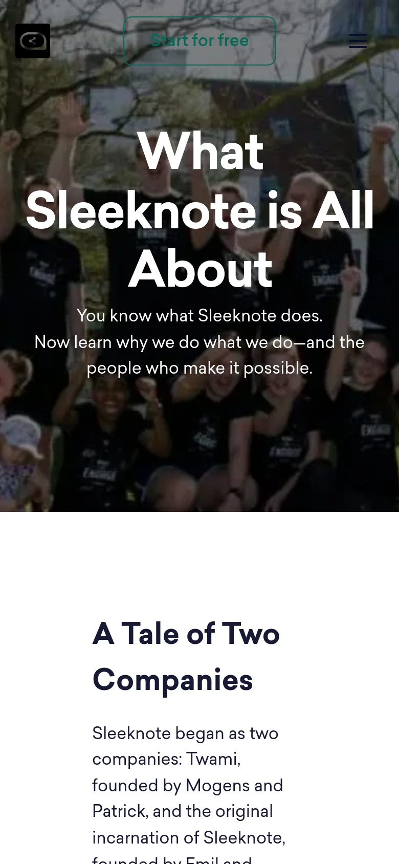 The mobile version presents a vertically stacked layout, starting with the team hero image and large centered headline. The navigation is condensed into a hamburger menu, and text sections like 'A Tale of Two Companies' are simplified into a single column for easier scrolling on small screens.