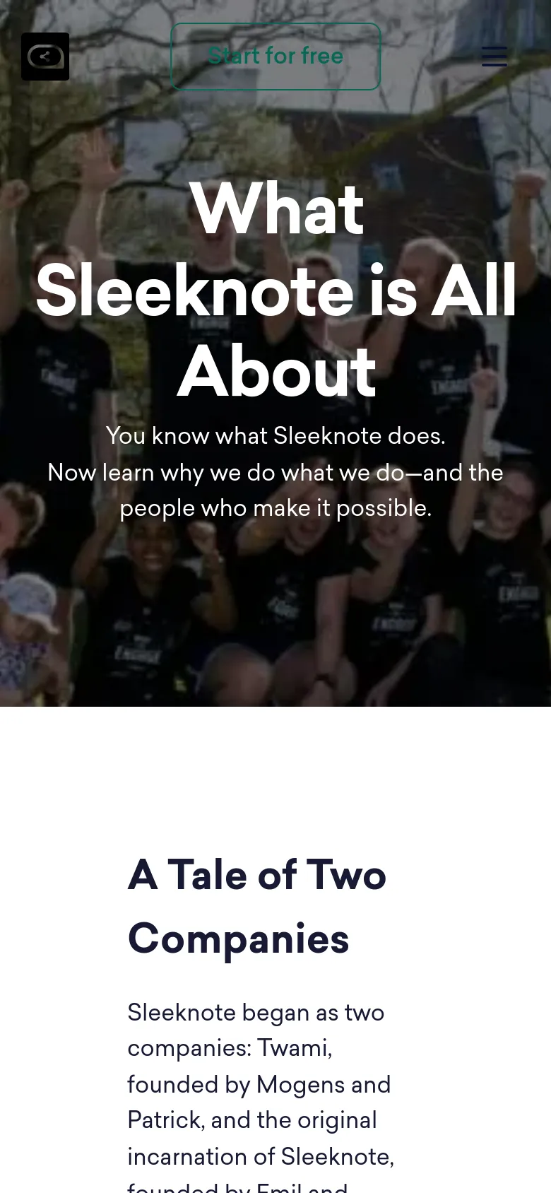 The mobile version presents a vertically stacked layout, starting with the team hero image and large centered headline. The navigation is condensed into a hamburger menu, and text sections like 'A Tale of Two Companies' are simplified into a single column for easier scrolling on small screens.