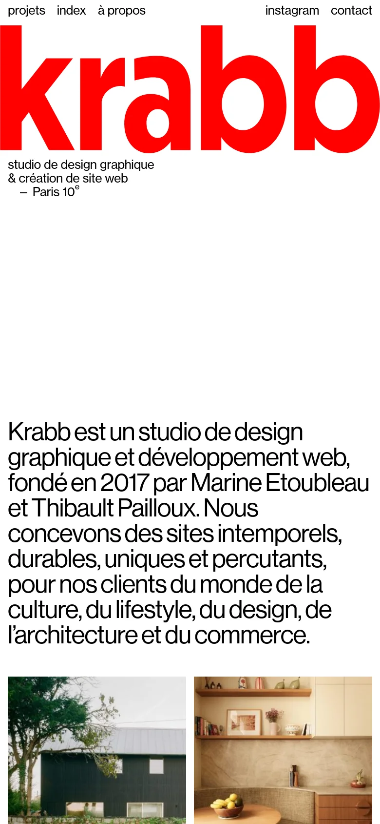 The mobile version maintains the minimalist aesthetic with the large red Krabb logo at the top. The layout shifts to a single-column view, stacking the introductory text and project images vertically for easier scrolling on a smaller screen.