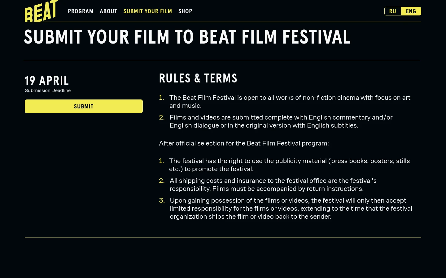 Desktop version of the Submit Your Film page featuring a dark background with white and yellow text. The layout includes a large headline, a submission deadline of 19 April, and a prominent yellow 'SUBMIT' button on the left, with 'RULES & TERMS' listed in columns on the right.