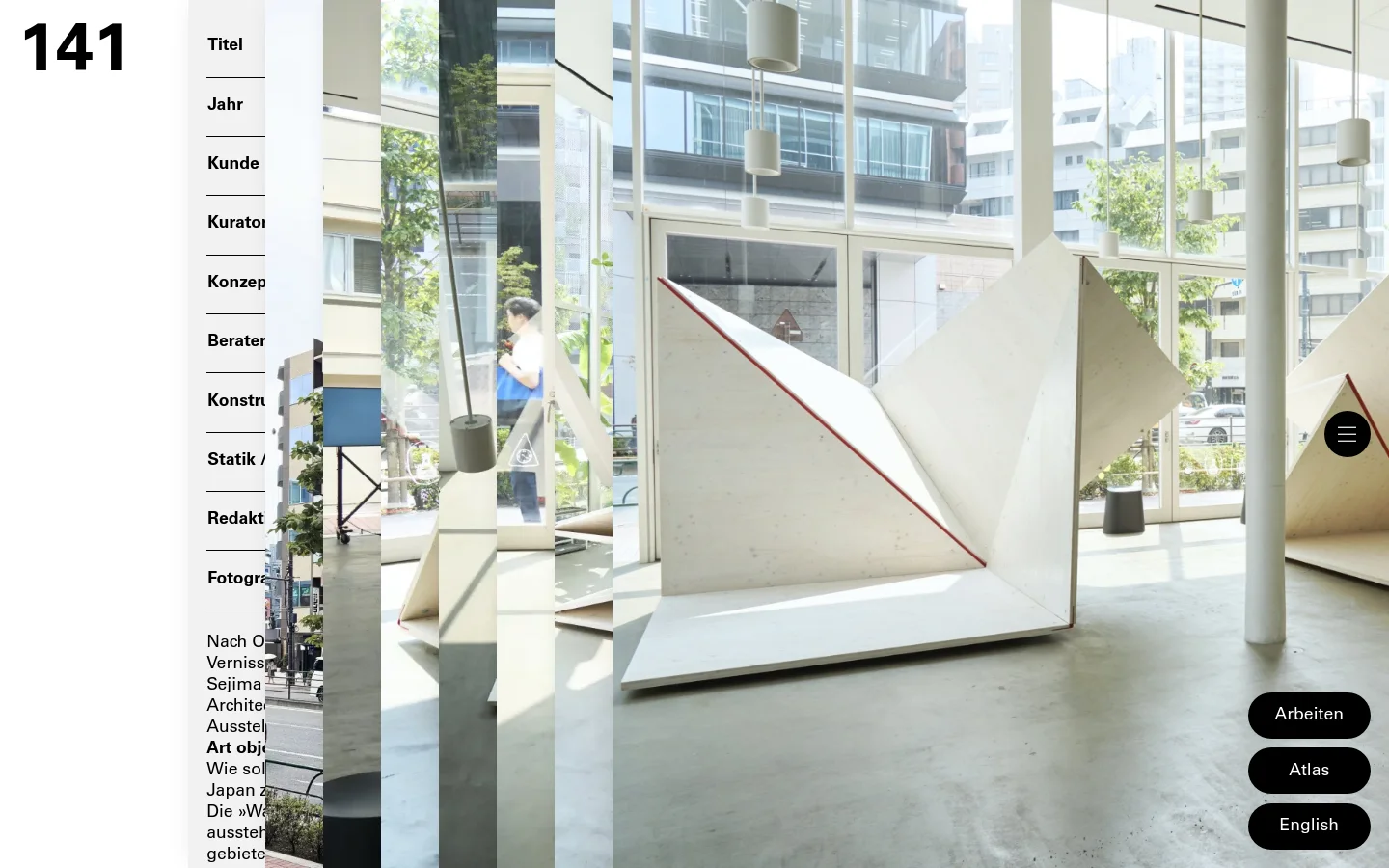 The desktop homepage features a minimalist design with a large, high-quality photograph of a white, origami-inspired wooden sculpture in a bright, modern architectural space. A vertical sidebar on the left contains project details like Title, Year, and Client in a clean sans-serif font, while navigation buttons for 'Arbeiten', 'Atlas', and 'English' are positioned in the bottom right corner.