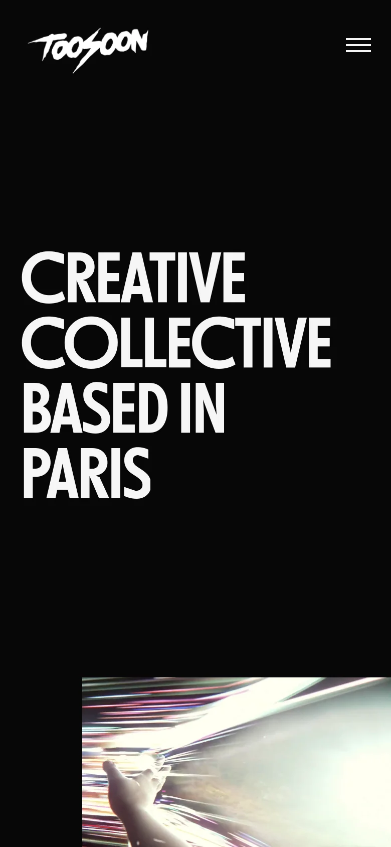 The mobile version maintains the dark aesthetic and large white headline but uses a condensed vertical layout. The navigation is simplified into a hamburger menu at the top right, and project thumbnails are stacked vertically for easier scrolling.