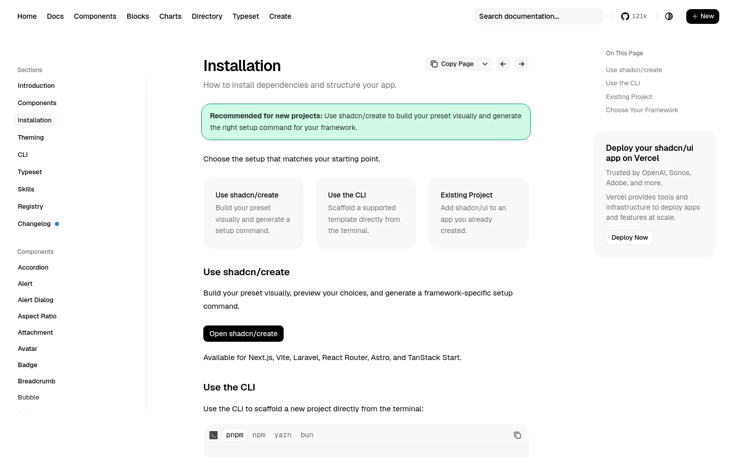 The desktop view shows a documentation page for shadcn/ui installation with a clean, white and light gray layout. A left sidebar contains navigation links for sections and components, a central content area features the 'Installation' heading and three large selection cards, and a right sidebar includes 'On This Page' navigation and a deployment call-to-action. The top navigation bar includes a search field, GitHub link, theme toggle, and a '+ New' button.