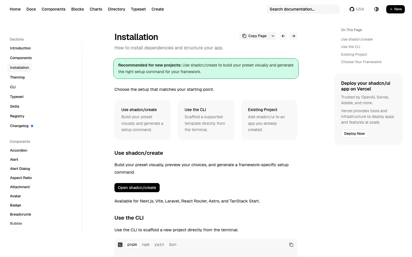 The desktop view shows a documentation page for shadcn/ui installation with a clean, white and light gray layout. A left sidebar contains navigation links for sections and components, a central content area features the 'Installation' heading and three large selection cards, and a right sidebar includes 'On This Page' navigation and a deployment call-to-action. The top navigation bar includes a search field, GitHub link, theme toggle, and a '+ New' button.