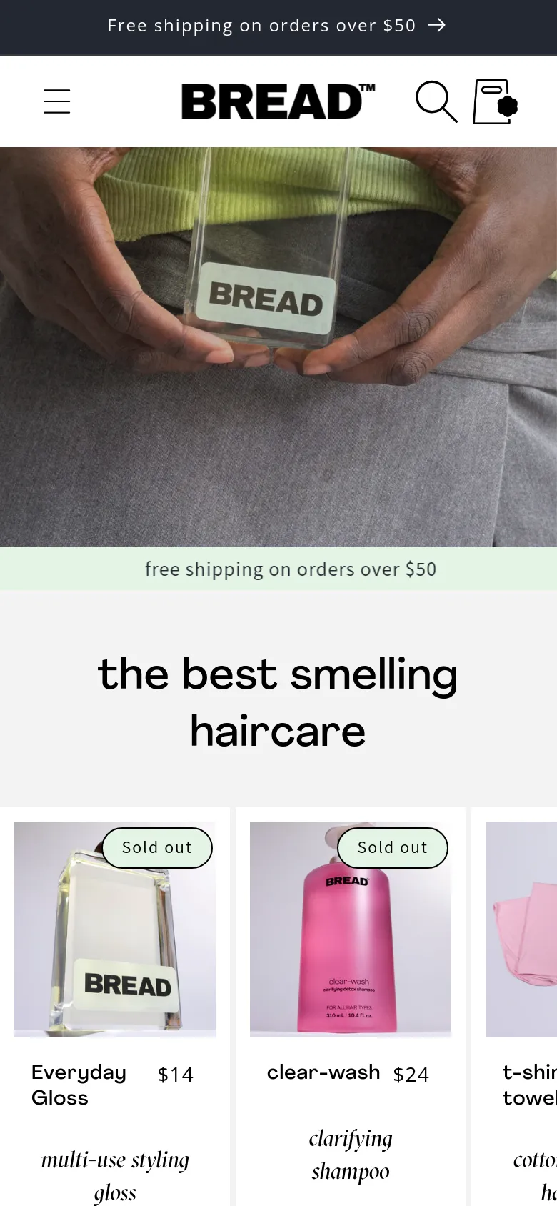 The mobile version presents a vertically stacked layout starting with a hamburger menu and the BREAD logo at the top. The hero image of hands holding a product bottle is followed by a single-column view of the product grid, where items like Everyday Gloss and clear-wash shampoo are displayed with large images and 'Sold out' badges. The color palette remains minimal with white, black, and light grey tones.