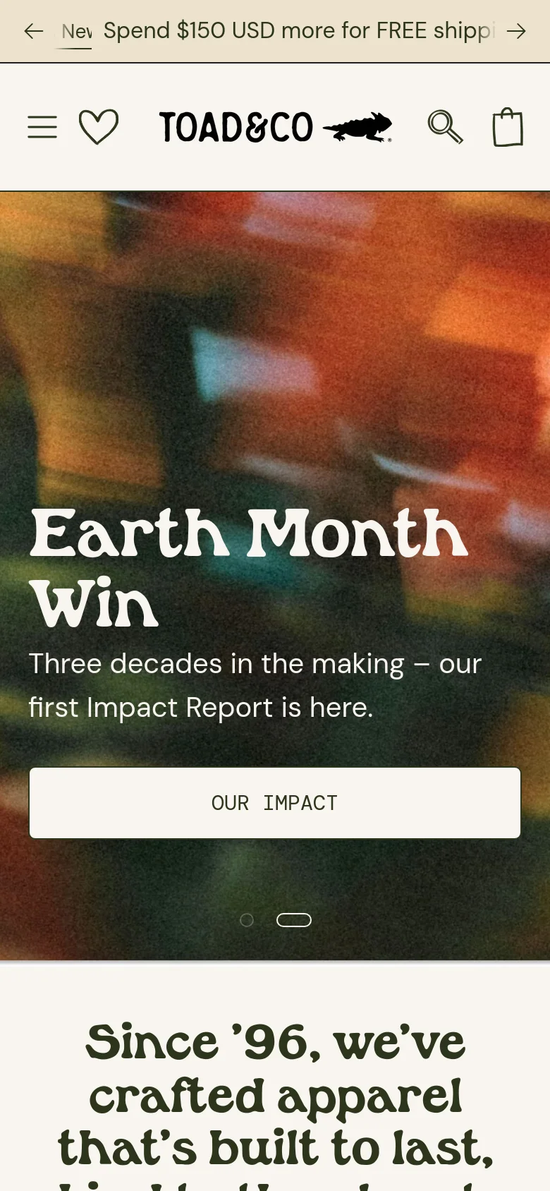 The mobile version uses a vertically stacked layout, starting with a promotional shipping banner and a condensed navigation menu with a hamburger icon. The hero section features a large 'Earth Month Win' headline over a textured background with an 'Our Impact' call to action. Content is simplified for vertical scrolling, focusing on large text and single-column imagery.