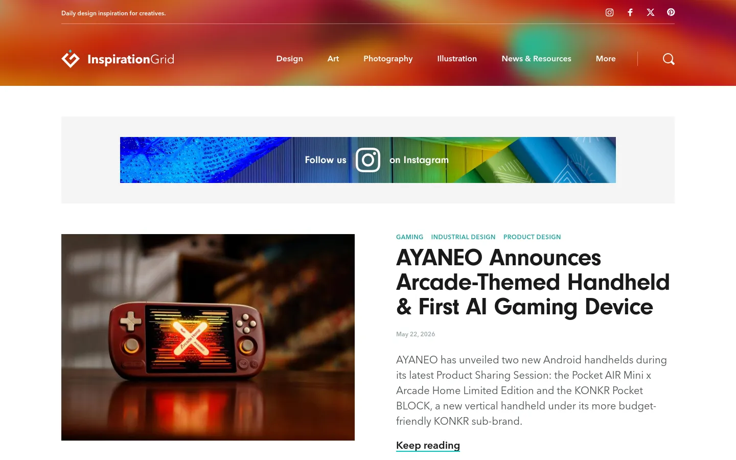 The desktop version of the News & Resources page features a warm, gradient header with the Inspiration Grid logo and a navigation menu including Design, Art, and Photography. Below the header, a wide banner encourages users to follow on Instagram, followed by a featured article with a large image of a handheld gaming device and a bold headline. The layout is spacious with a clean white background for the content area.