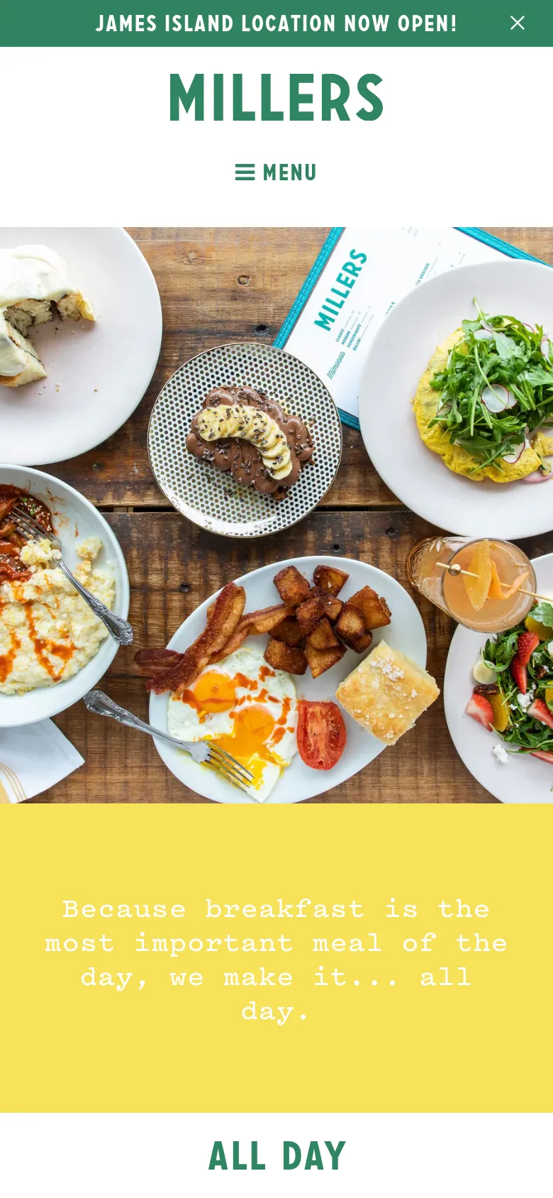 The mobile version simplifies the layout, centering the Millers logo and replacing the top navigation with a hamburger menu icon. The hero section stacks vertically, showing the breakfast food photography first, followed by the yellow text block and the 'ALL DAY' heading below it.