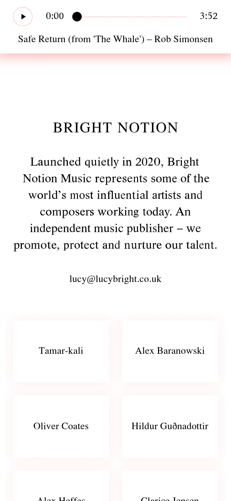 The mobile version maintains the minimalist pink and black aesthetic but uses a single-column layout. The audio player, mission statement, and email link are stacked vertically at the top, while the composer names appear in large, full-width white cards that users scroll through vertically.