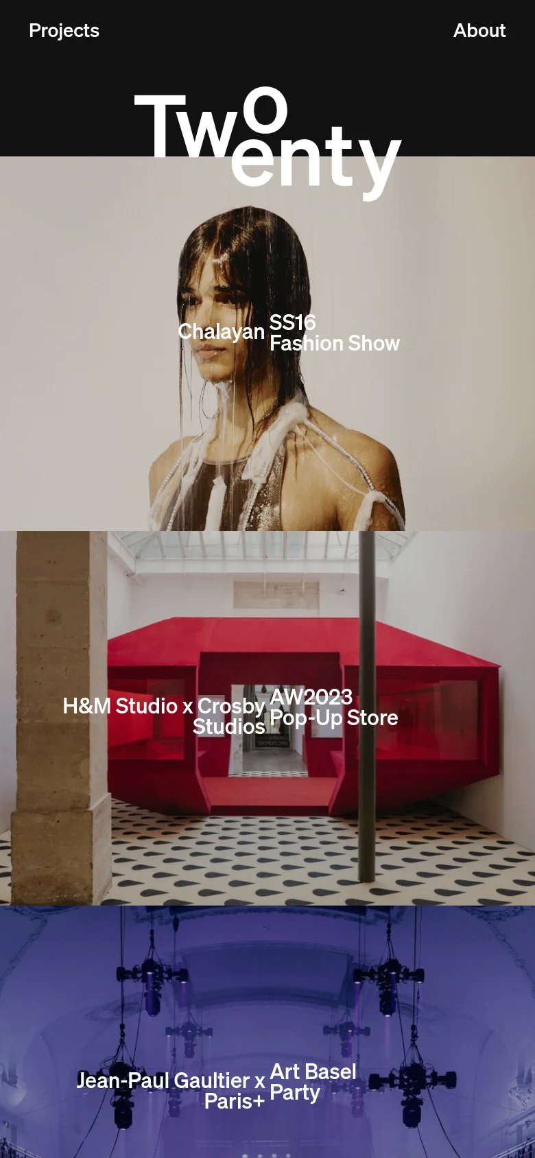The mobile version maintains the dark header and large 'TwoTwenty' logo but uses a vertical stack layout. The hero image and subsequent project tiles, such as the H&M Studio pop-up, are scaled to fit the narrow screen width, creating a continuous scrolling experience of large-scale imagery and text overlays.
