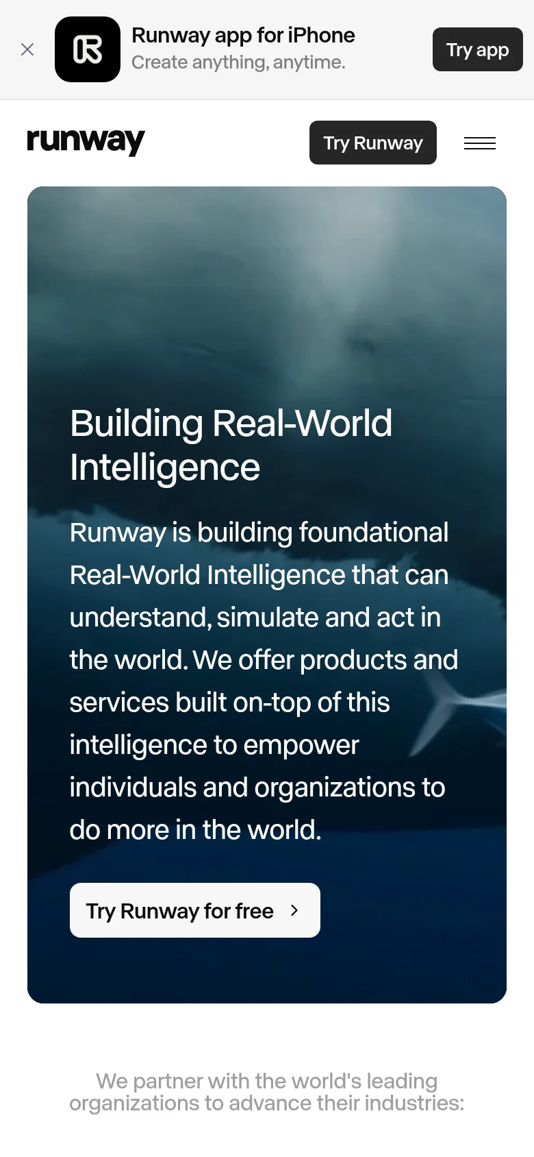 The mobile version presents a vertically oriented hero image of blue icy cliffs with the headline 'Building Real-World Intelligence' and a 'Try Runway for free' button centered in the frame. The top navigation is condensed into a hamburger menu next to a 'Try Runway' button, and the partner logo section follows below.
