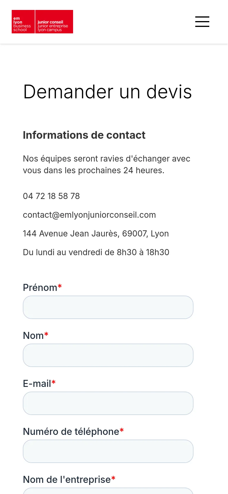 The mobile version presents a single-column vertical layout optimized for small screens. The header is condensed with a hamburger menu icon, and the contact information and form fields are stacked vertically under the 'Demander un devis' headline. The overall color scheme remains white with red accents for the primary call-to-action button.