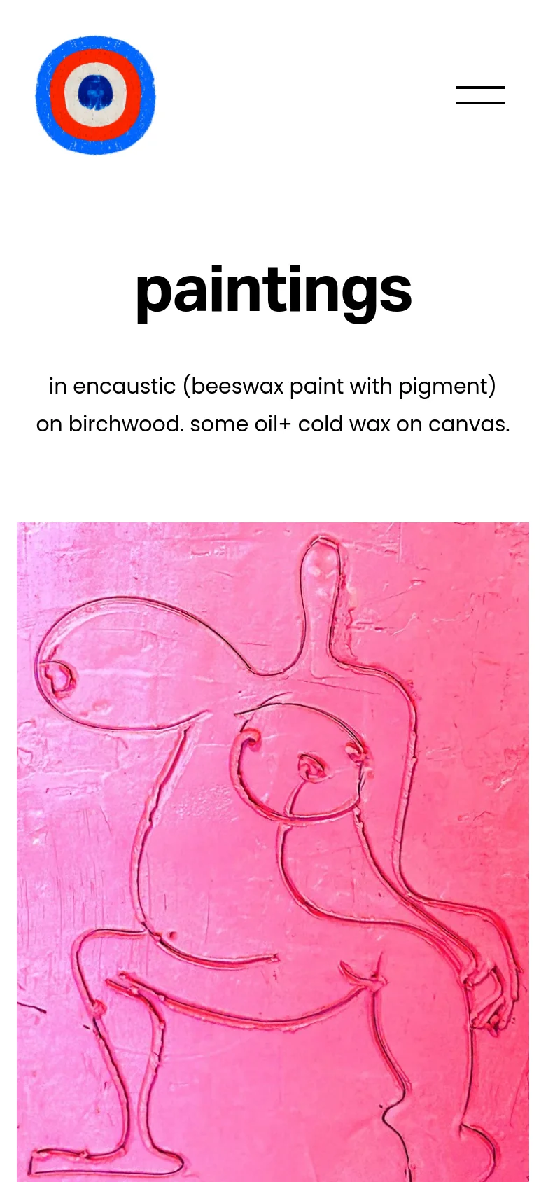 The mobile version features a simplified layout with the colorful target logo and a hamburger menu icon at the top. The 'paintings' headline and descriptive text are centered, followed by a single-column view of the artwork images.