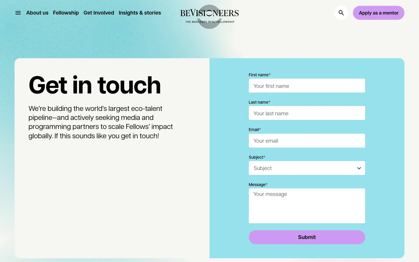 BeVisioneers Get in touch page featuring a split-screen layout with a white left section and light teal right section. The left side displays large sans-serif typography with the headline Get in touch and a brief mission statement, while the right side contains a contact form with fields for name, email, subject, and message.