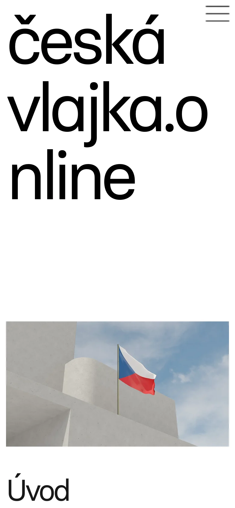 The mobile version presents a vertically stacked layout with the 'česká vlajka.online' logo appearing much larger at the top. Below the logo is the hero image of the Czech flag on a concrete structure, followed by the 'Úvod' heading and text content.