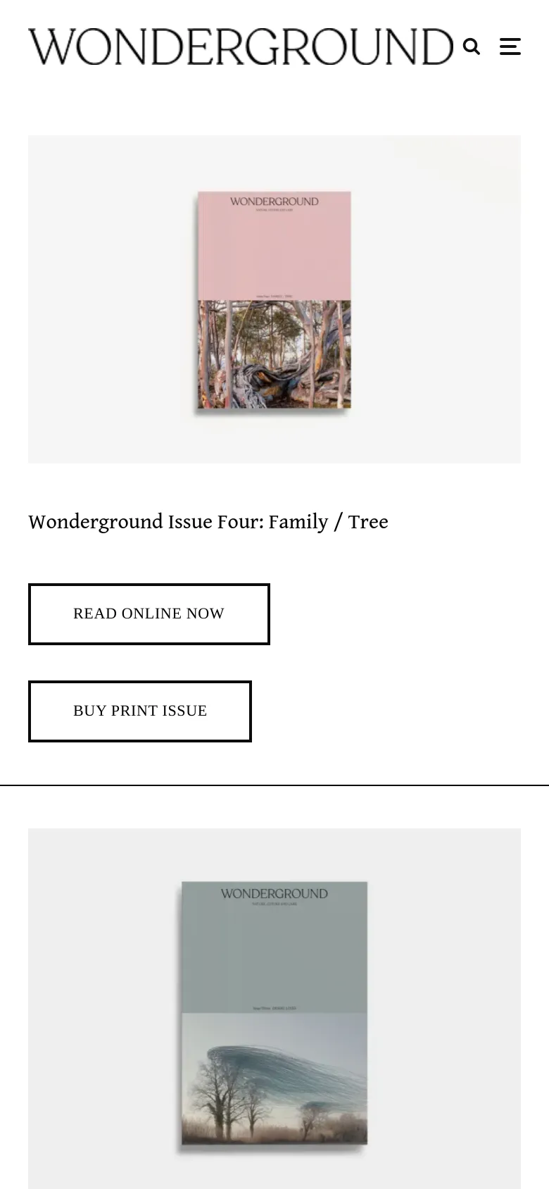 The mobile version maintains the minimalist aesthetic but uses a stacked vertical layout. The 'WONDERGROUND' logo and search icon are centered at the top above a hamburger menu icon, followed by the magazine cover image, the issue headline, and the two call-to-action buttons arranged vertically.