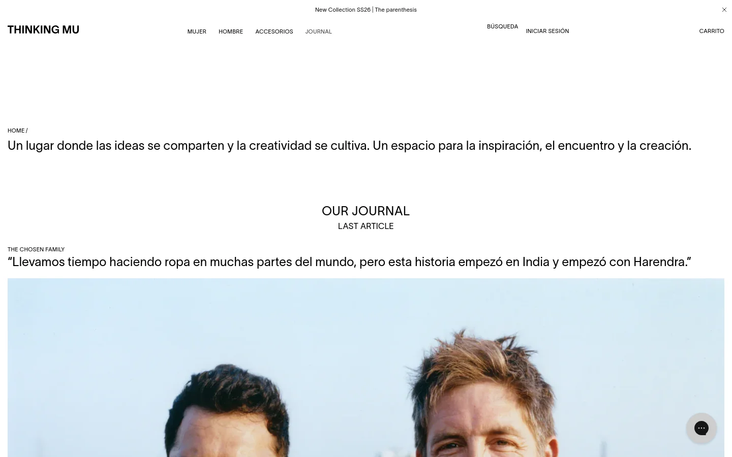 The desktop Journal page features a minimalist white layout with a top navigation bar including links for Mujer, Hombre, and Journal. A large hero section displays a headline, a quote about India, and a wide photograph of two men smiling. Below the hero, an archive section presents a grid of article thumbnails with titles like 'The Chosen Family' and 'Auroville and Natural Dyes'.