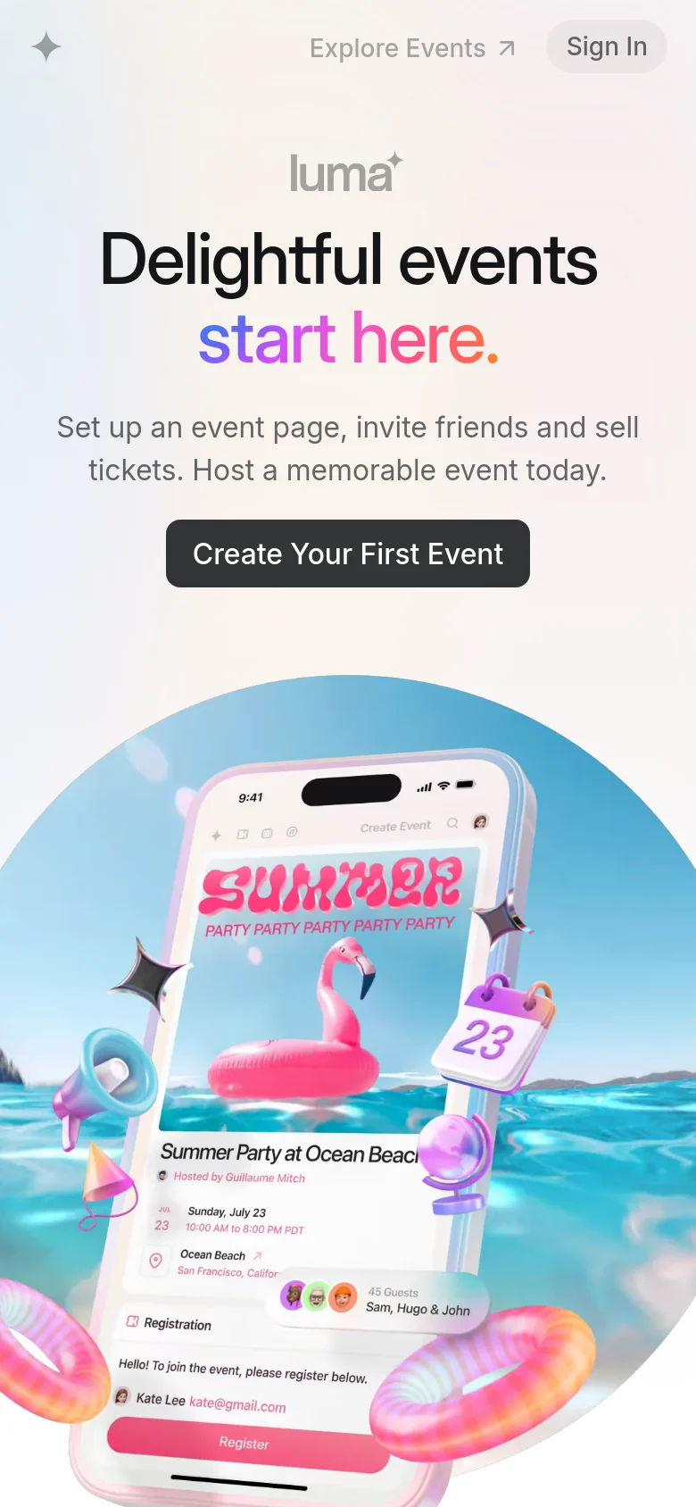 The mobile version presents a vertically stacked layout optimized for small screens, centering the headline and subtext above the primary 'Create Your First Event' button. The large 3D smartphone graphic is positioned below the text, filling the width of the viewport. The navigation is simplified, and the overall aesthetic maintains the bright, airy feel of the desktop site with a focus on a single-column flow.