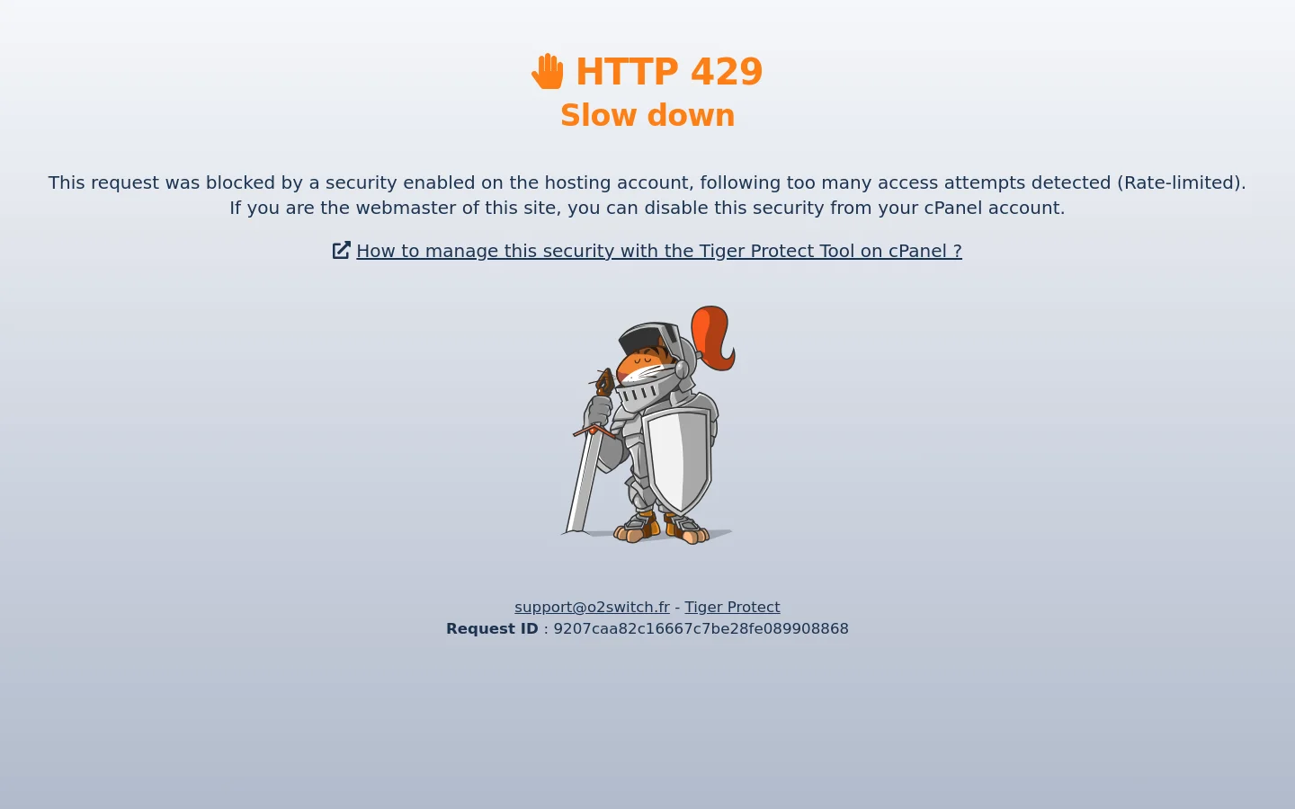 A minimalist error page with a light gray background. An orange 'HTTP 429 Slow down' headline is centered above an illustration of a cartoon tiger dressed in silver knight armor holding a sword and shield. Below the image, there are text links for support and a specific Request ID.