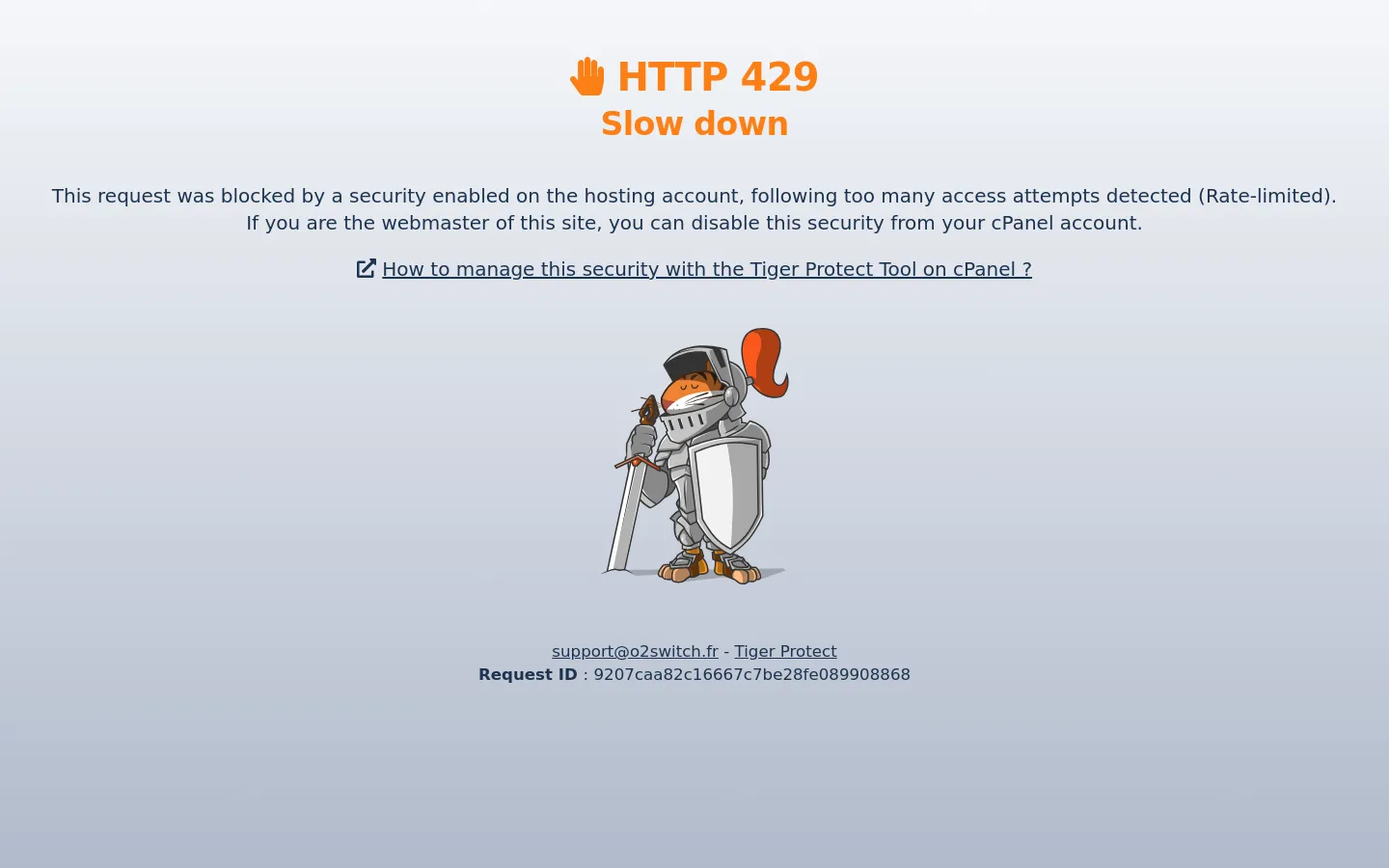 A minimalist error page with a light gray background. An orange 'HTTP 429 Slow down' headline is centered above an illustration of a cartoon tiger dressed in silver knight armor holding a sword and shield. Below the image, there are text links for support and a specific Request ID.