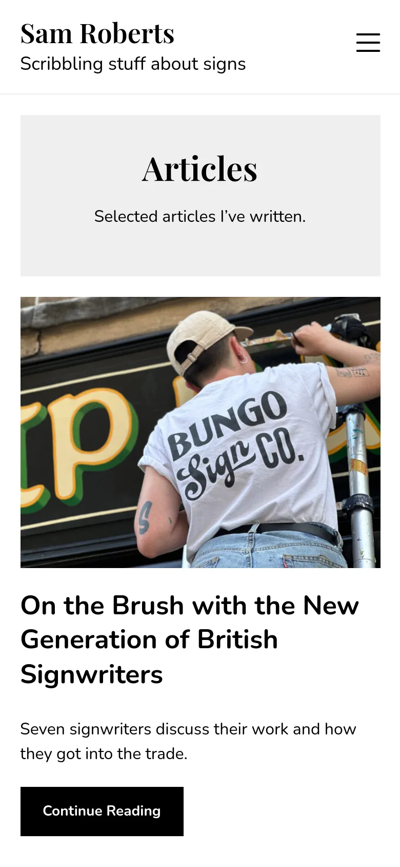The mobile version presents a single-column vertical layout optimized for scrolling. The header is condensed with a hamburger menu icon, and the article content features full-width images followed by large text headlines and a prominent black 'Continue Reading' button.