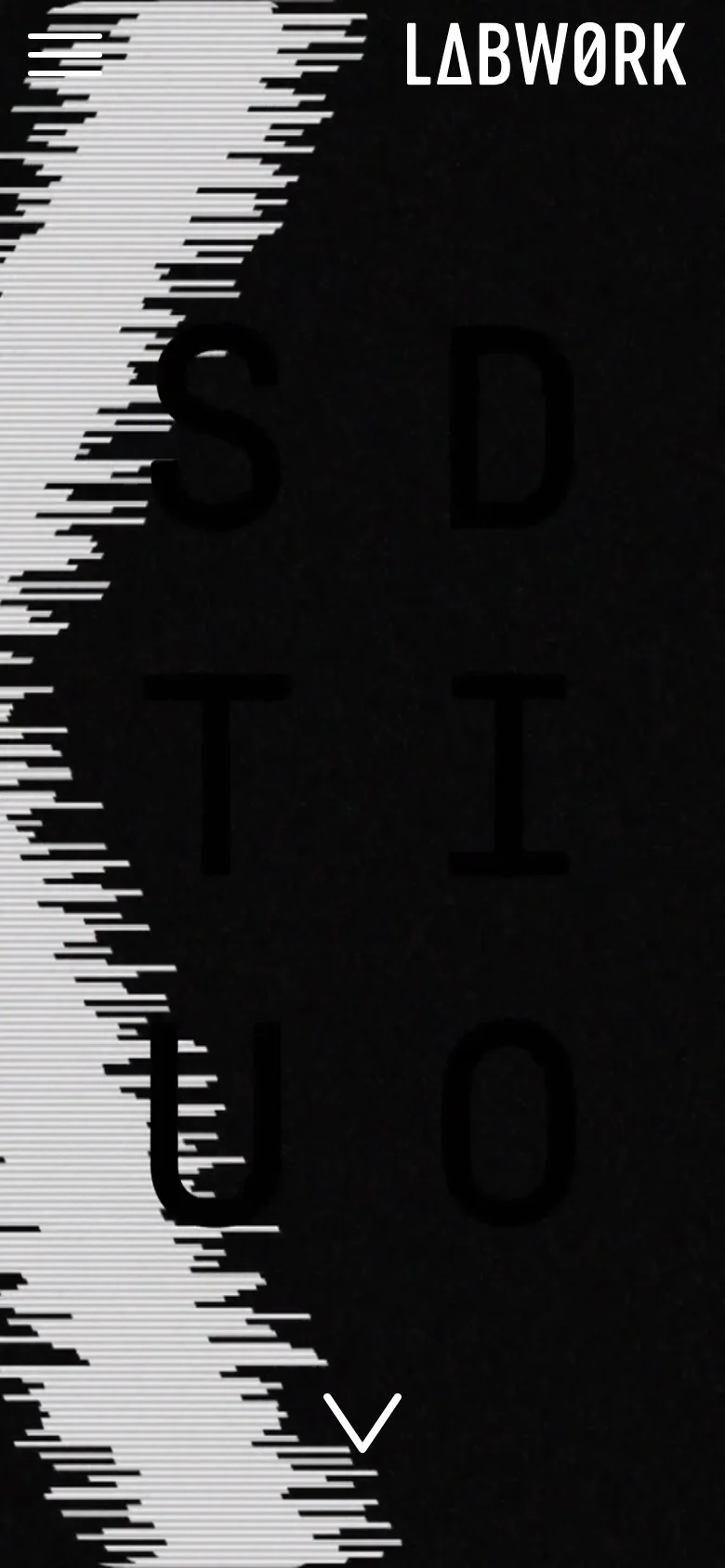 The mobile version maintains the dark, textured aesthetic but uses a vertical layout. A large, stylized white graphic element dominates the left side, partially overlaying the large, dark 'STUDIO' typography, with the logo at the top right and a scroll arrow at the bottom.