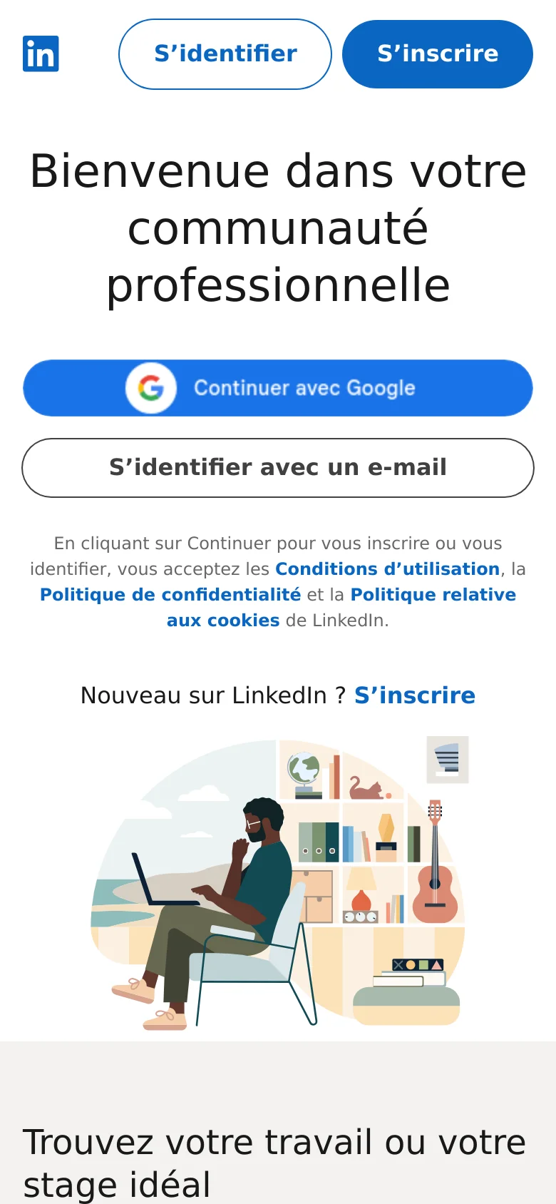The mobile version stacks the content vertically, placing the large headline at the top followed by the Google and email login buttons. The stylized illustration of the person working is positioned below the login buttons, and the navigation menu is condensed.