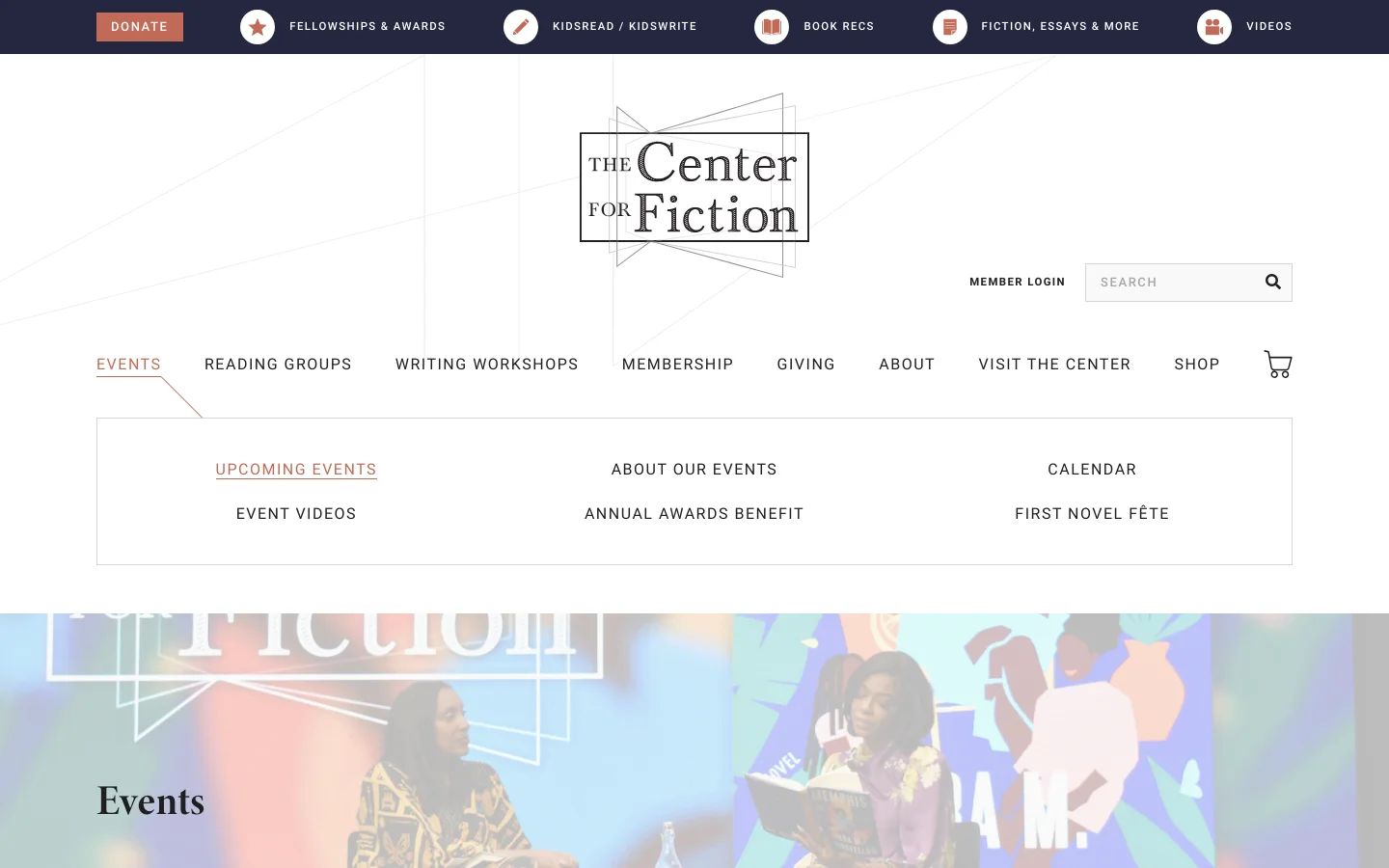 The desktop Events page features a clean, white header with the Center for Fiction logo, a search bar, and a navigation menu including links like Reading Groups and Membership. A large hero section displays the word 'Events' over a colorful, blurred background image of people reading. Below, a grid of upcoming events is organized with large book cover images, event titles, dates, and brief descriptions.