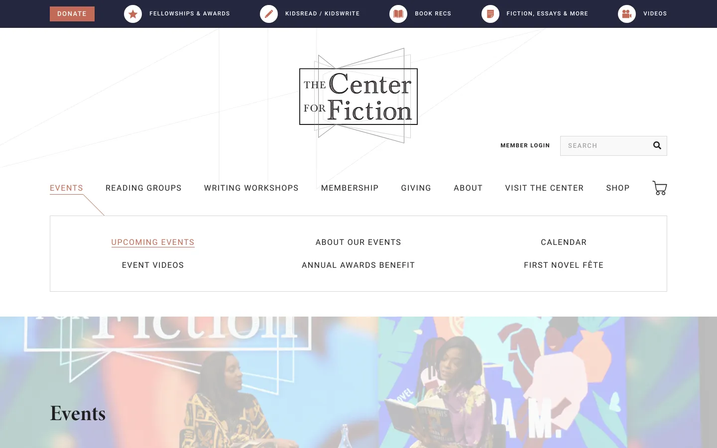The desktop Events page features a clean, white header with the Center for Fiction logo, a search bar, and a navigation menu including links like Reading Groups and Membership. A large hero section displays the word 'Events' over a colorful, blurred background image of people reading. Below, a grid of upcoming events is organized with large book cover images, event titles, dates, and brief descriptions.