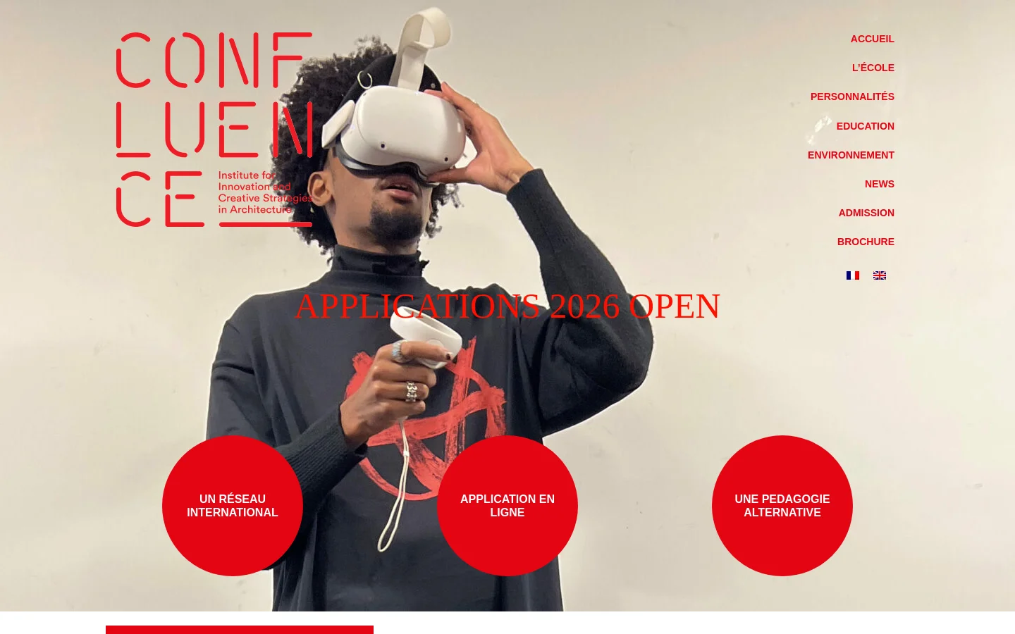 The desktop homepage features a large hero image of a person wearing a VR headset against a light gray background, with large red 'CONFLUENCE' typography. A navigation menu is positioned on the right, and three large red circular buttons for 'Un Réseau International', 'Application en Ligne', and 'Une Pedagogie Alternative' are placed at the bottom of the hero section. The color palette is dominated by white, light gray, and vibrant red.