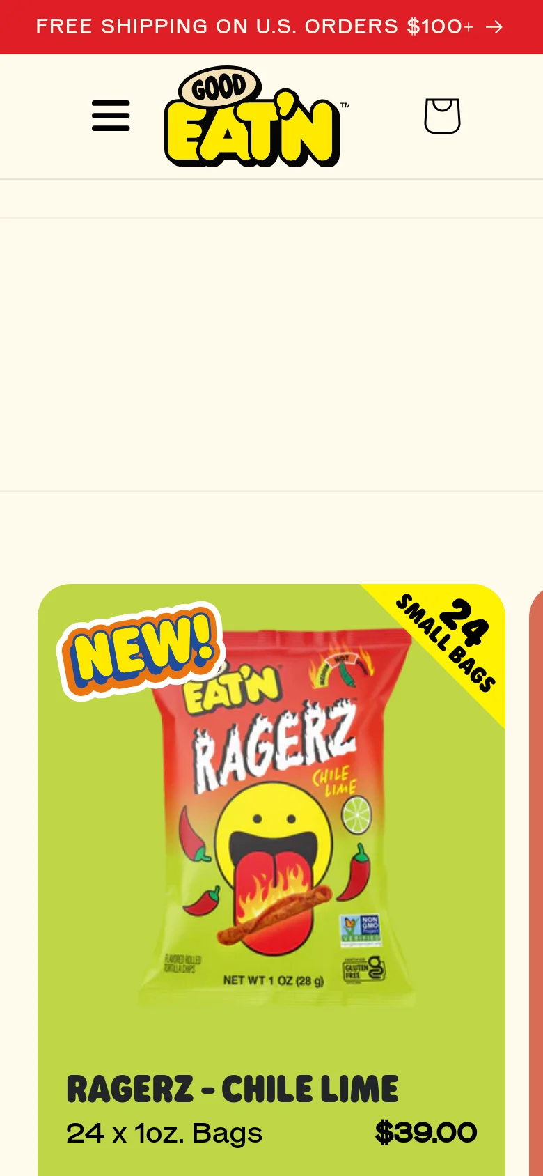 The mobile version displays a simplified layout with a hamburger menu and shopping bag icon on either side of the yellow Good Eat'n logo. The product section shows large, single-column product cards with vibrant imagery, such as the Ragerz Chile Lime bag on a lime green background, with pricing and bag counts clearly listed below.