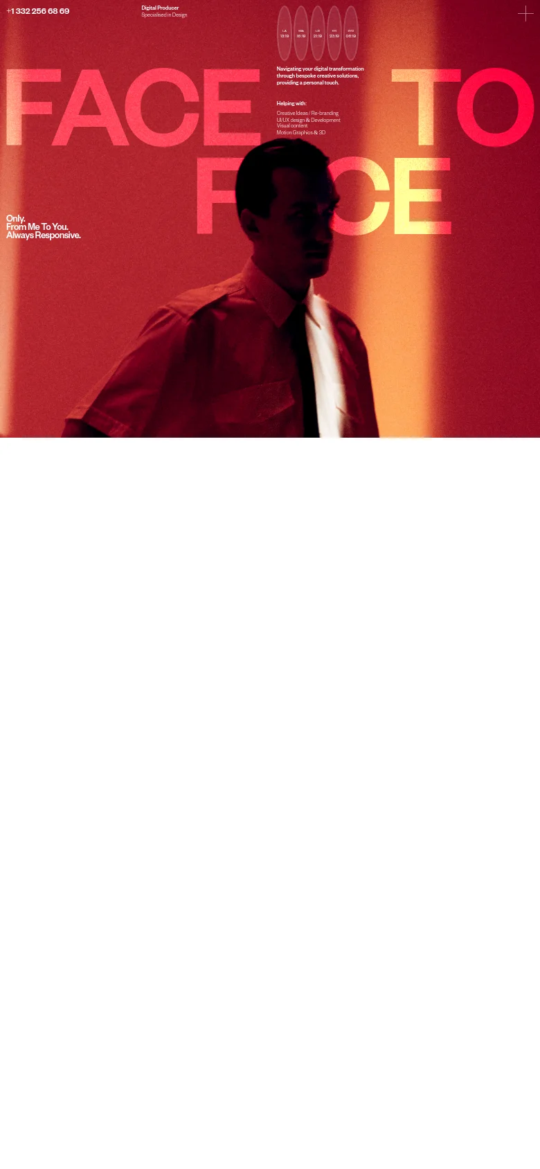 The mobile version maintains the red gradient background and large typography but stacks the content vertically for a narrow screen. The hero image of the man is centered, and the service list and time zone information are condensed to fit the portrait orientation.
