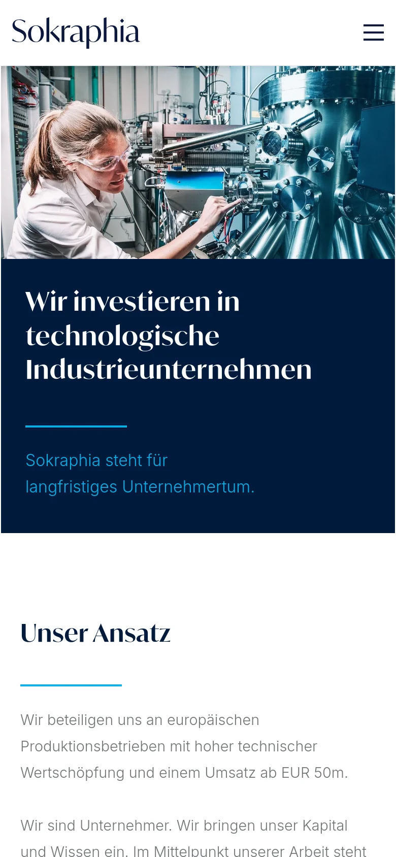 The mobile version uses a single-column vertical layout, stacking the hero image above the dark blue headline section. The top navigation is condensed into a hamburger menu icon on the right, and the text content is centered for easier reading on smaller screens.