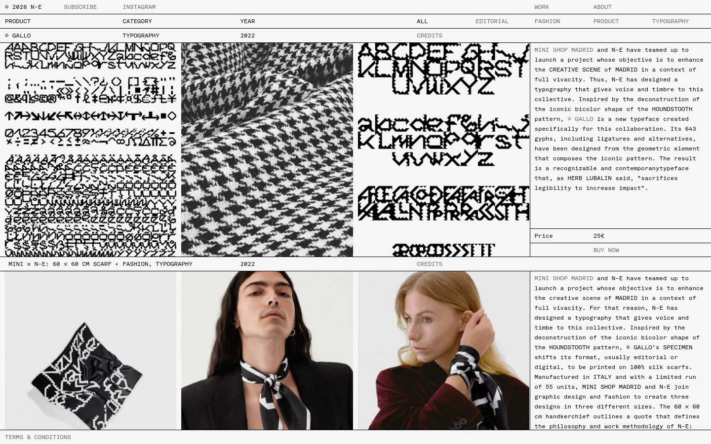 The desktop store page features a minimalist white background with a multi-column grid layout. Large, high-contrast black and white imagery showcases the 'GALLO' typeface specimens and a silk scarf, accompanied by descriptive text, pricing, and 'BUY NOW' calls to action. Navigation links for Product, Year, and Credits are positioned at the top of each product section.