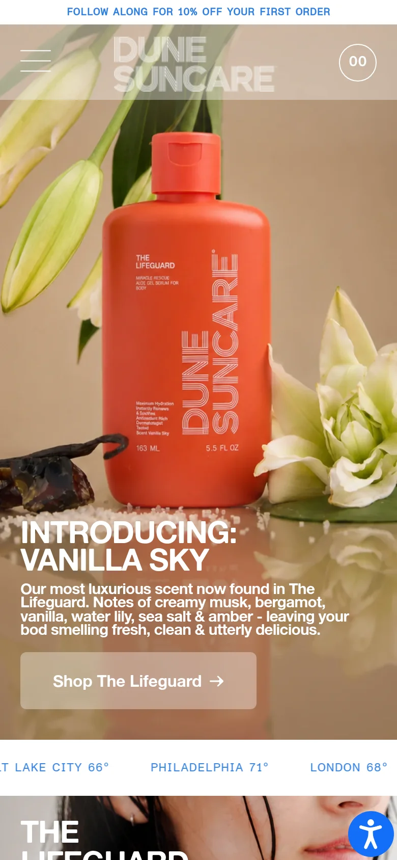 The mobile version presents a vertically stacked layout optimized for small screens, starting with a large hero image of the orange suncare bottle and lilies. The 'Vanilla Sky' headline and 'Shop The Lifeguard' button are centered over the image, followed by a simplified temperature ticker and single-column product feature sections.