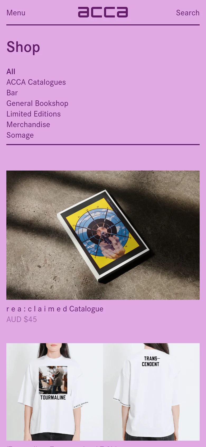 The mobile version maintains the light purple theme but switches to a single-column vertical layout for easier scrolling. The category navigation is presented as a vertical list of text links at the top, followed by large, full-width product images with titles and prices underneath.