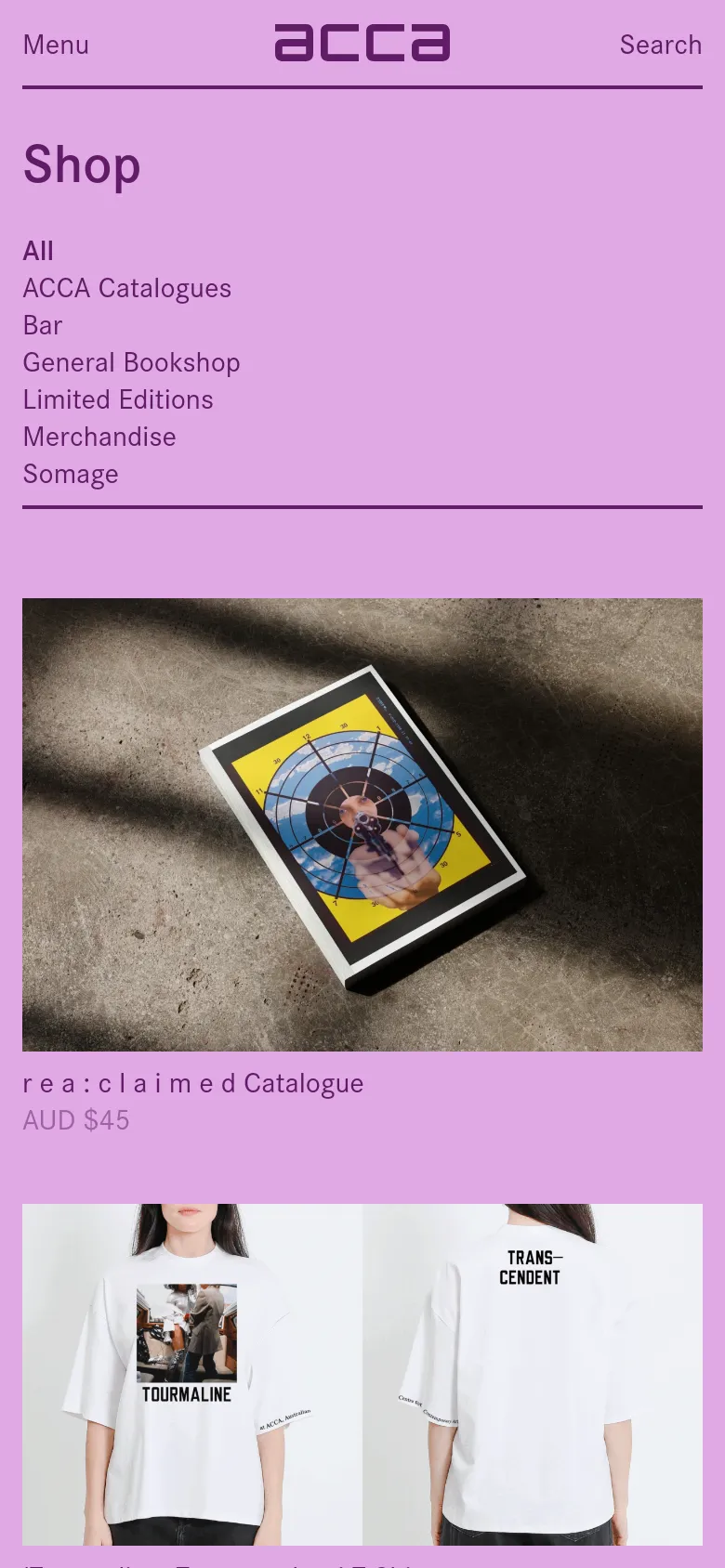 The mobile version maintains the light purple theme but switches to a single-column vertical layout for easier scrolling. The category navigation is presented as a vertical list of text links at the top, followed by large, full-width product images with titles and prices underneath.