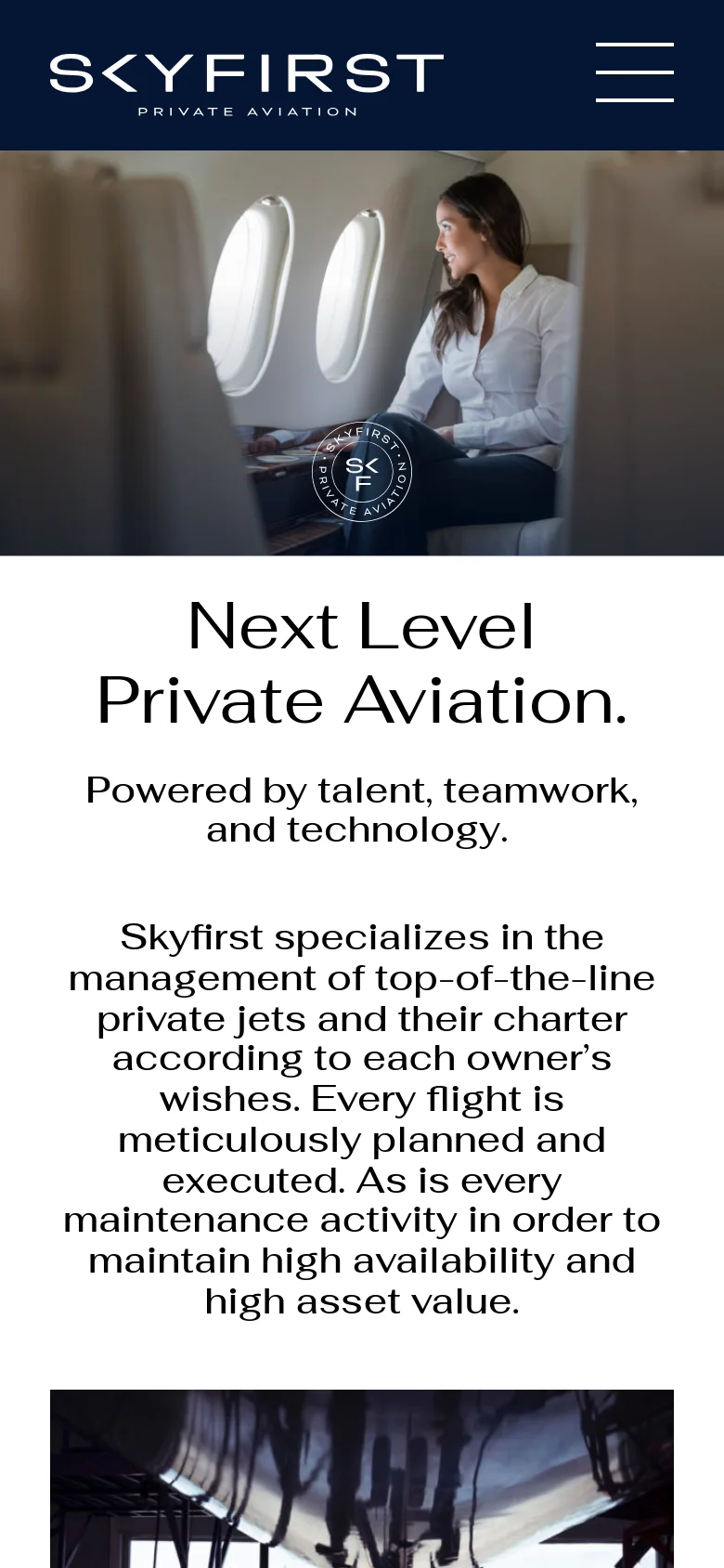 The mobile version simplifies the layout, replacing the top navigation bar with a three-line hamburger menu icon. The hero image of the jet remains prominent, but the text and logo are scaled down to fit the narrower screen, focusing the user's attention on the central headline and imagery.