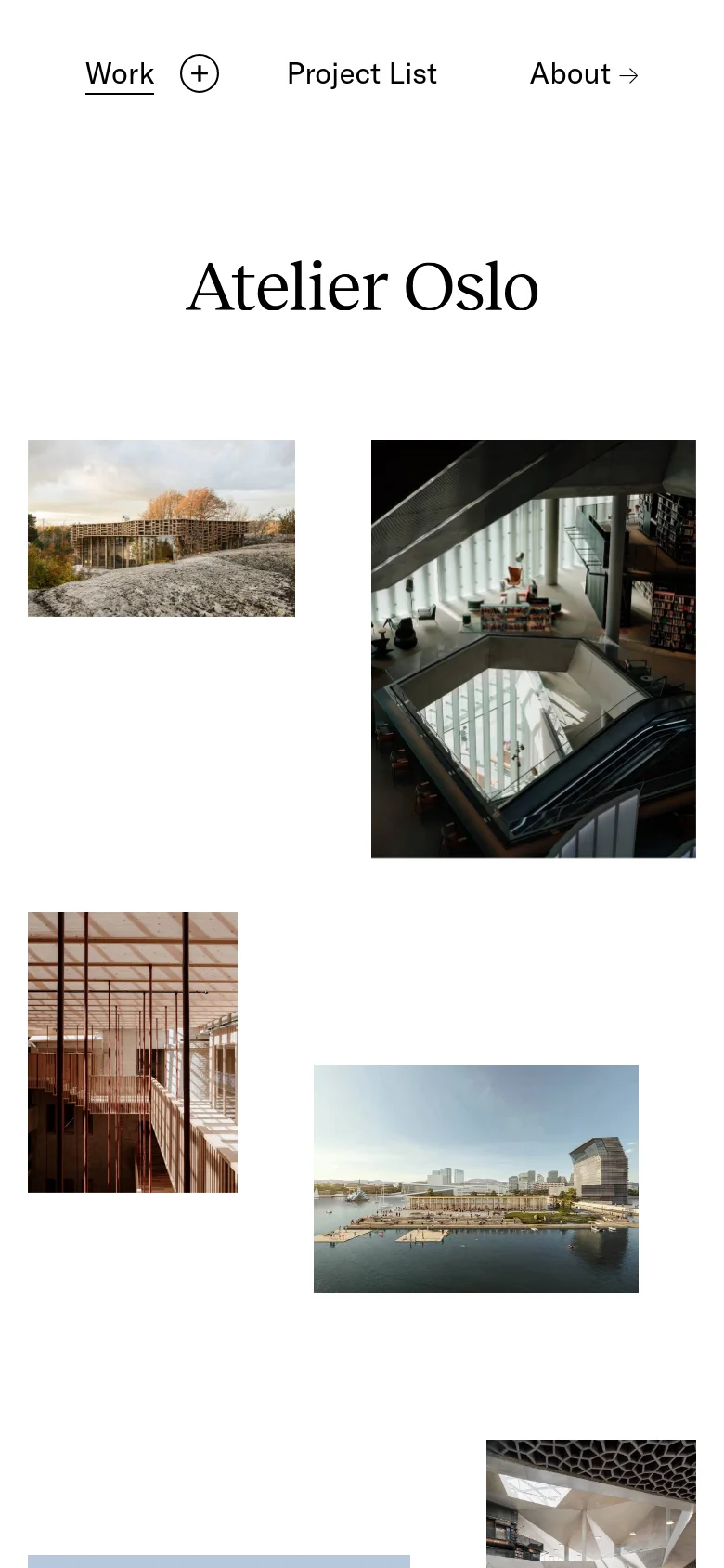 The mobile version maintains the minimalist aesthetic with a white background and large serif title. The navigation menu is simplified at the top, and the architectural project images are arranged in a single-column vertical scroll for easier viewing on smaller screens.