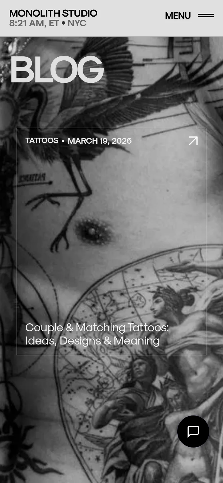 The mobile version maintains the dramatic black and white tattoo imagery as a full-screen background. The layout is simplified with a 'MENU' toggle at the top right and the large 'BLOG' heading, while the featured article title and date are centered within a translucent rectangular frame in the middle of the screen.
