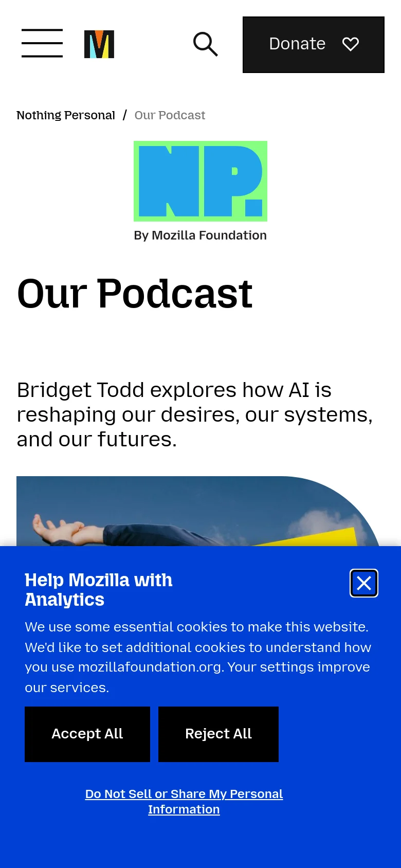 The mobile version uses a stacked vertical layout with a hamburger menu and the Mozilla logo at the top. The 'NP' logo and 'Our Podcast' headline are centered above the descriptive text, and the large graphic is positioned below the text. A large blue cookie consent banner covers the bottom half of the screen.