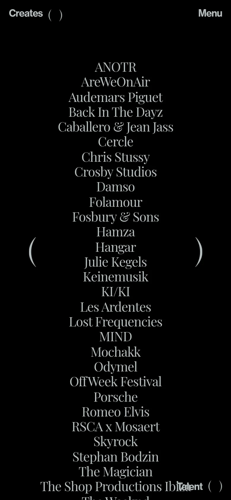 The mobile version maintains the black and white minimalist aesthetic but uses a condensed layout. The client list remains centered, while the top navigation is replaced by a 'Menu' button on the right and the 'Creates' logo on the left.