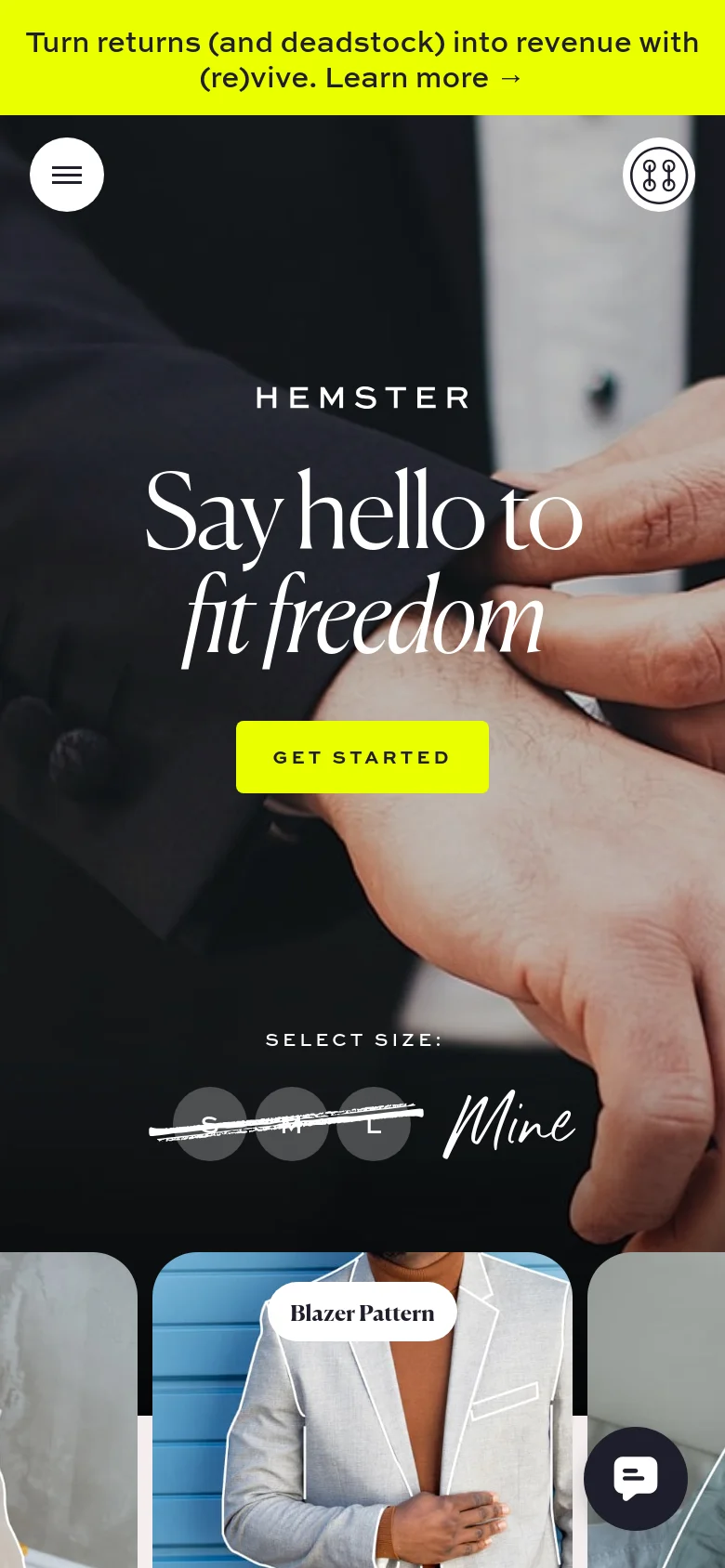 The mobile version presents a vertically stacked layout with a large hero image of hands adjusting a garment and the headline 'Say hello to fit freedom'. The navigation is condensed into a hamburger menu icon, and the 'GET STARTED' call to action is prominently centered. The bright yellow announcement banner remains at the top of the screen.