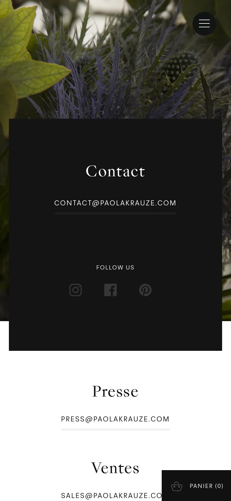 The mobile version uses a vertical layout with the dark contact overlay positioned at the top over the botanical background imagery. The contact categories 'Presse', 'Ventes', and 'Info' are stacked vertically below the hero section, and a hamburger menu icon is visible in the top right corner.