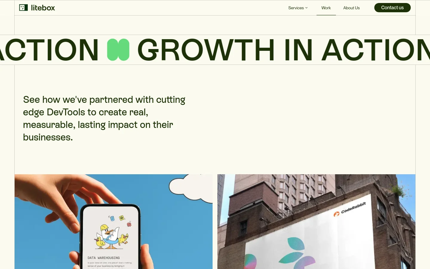 The desktop page features a clean, minimalist layout with a large hero headline in dark text against a light background. Below the headline, a split-screen visual shows a hand holding a smartphone displaying a playful app interface next to a large outdoor billboard. The navigation bar at the top includes links for Services, Work, and About Us, with a prominent dark 'Contact us' button.