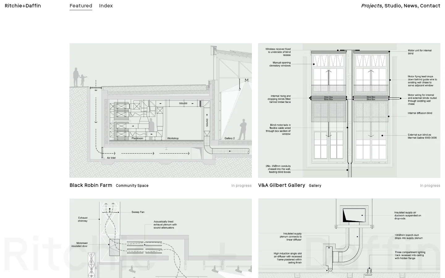 The Projects page features a minimalist white layout with a grid of architectural technical drawings. Each drawing is paired with a project title, category, and status, such as 'Black Robin Farm, Community Space, In progress'. Navigation links for Featured and Index are at the top left, with site links at the top right.