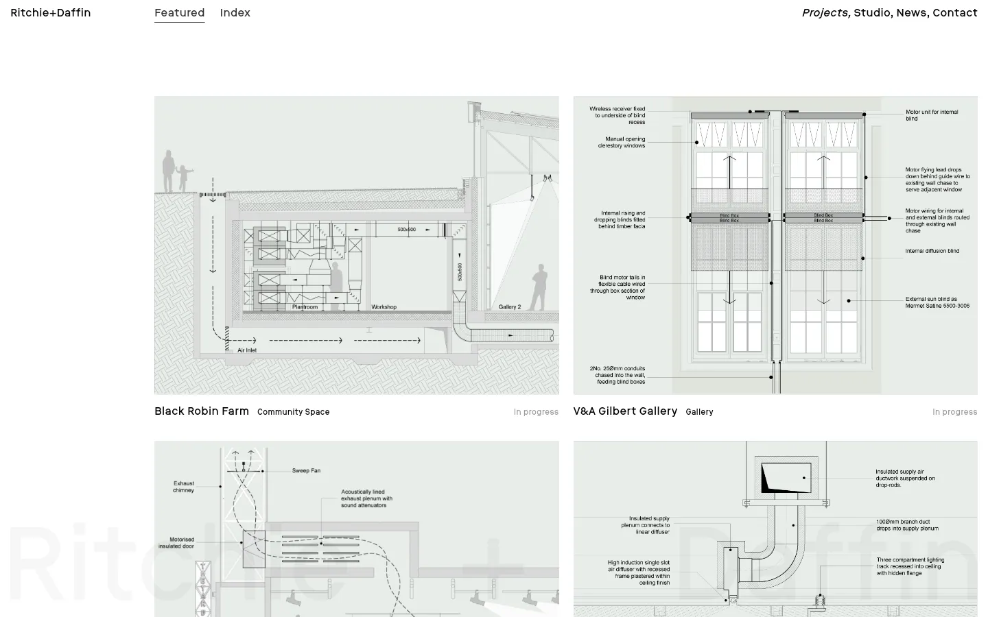 The Projects page features a minimalist white layout with a grid of architectural technical drawings. Each drawing is paired with a project title, category, and status, such as 'Black Robin Farm, Community Space, In progress'. Navigation links for Featured and Index are at the top left, with site links at the top right.